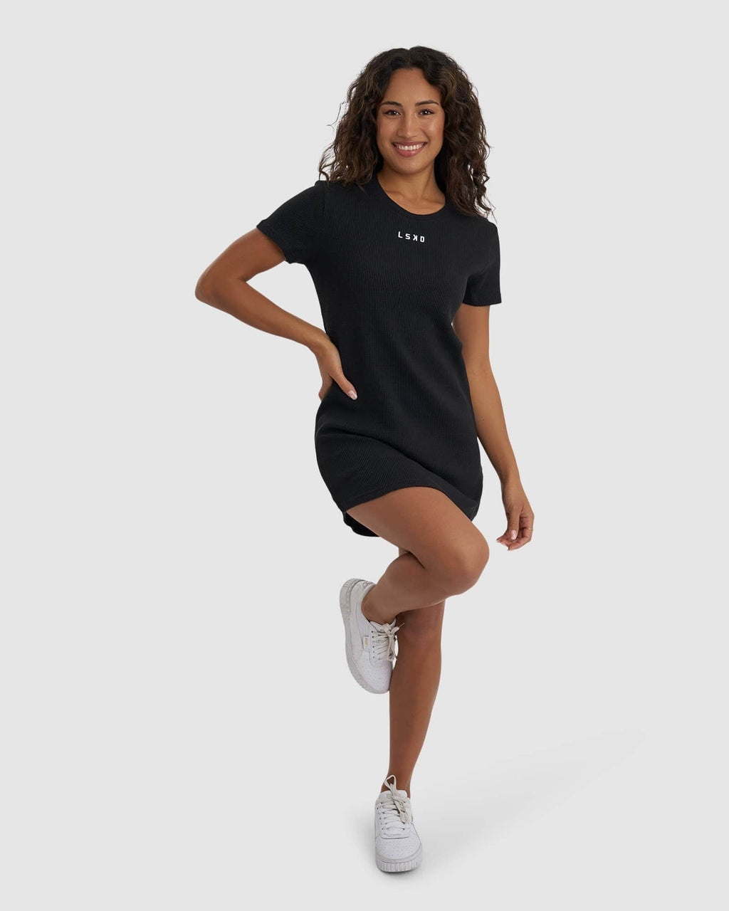 Model wearing Field Waffle Dress - Black