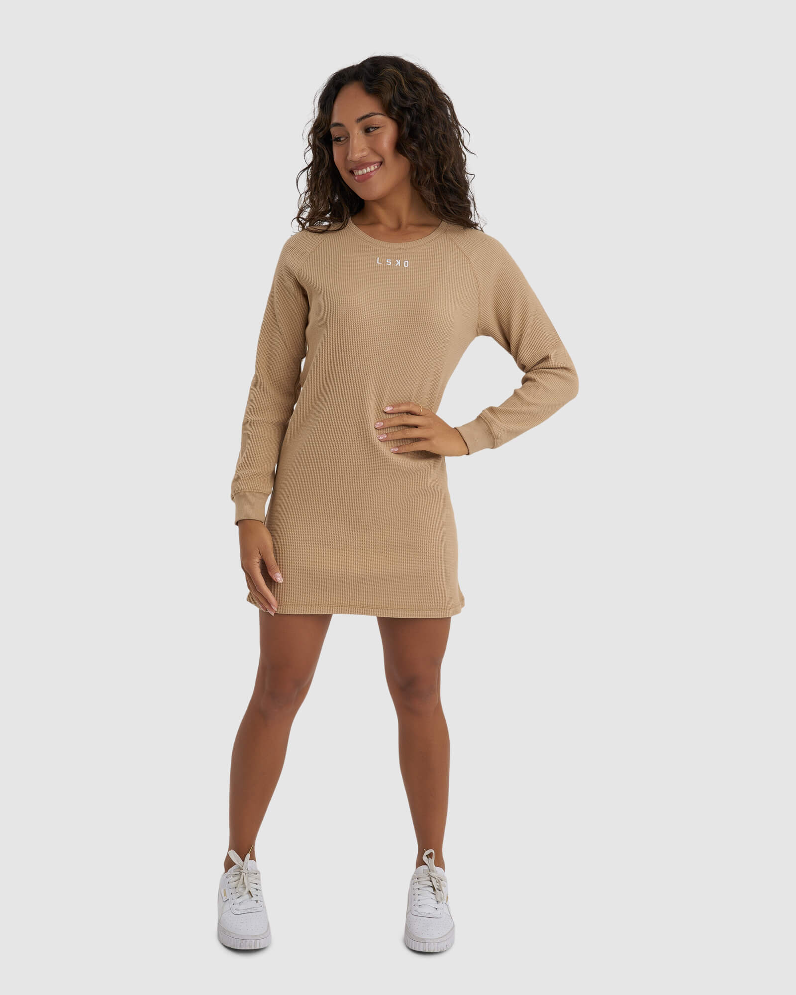 Model wearing Field Waffle LS Dress - Almond