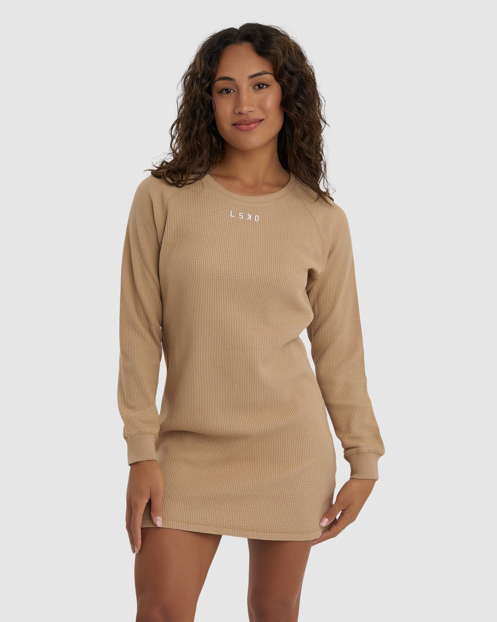 Model wearing Field Waffle LS Dress - Almond
