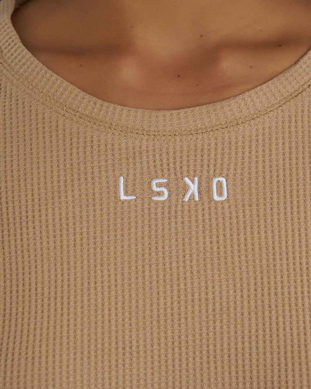 Model wearing Field Waffle LS Dress - Almond