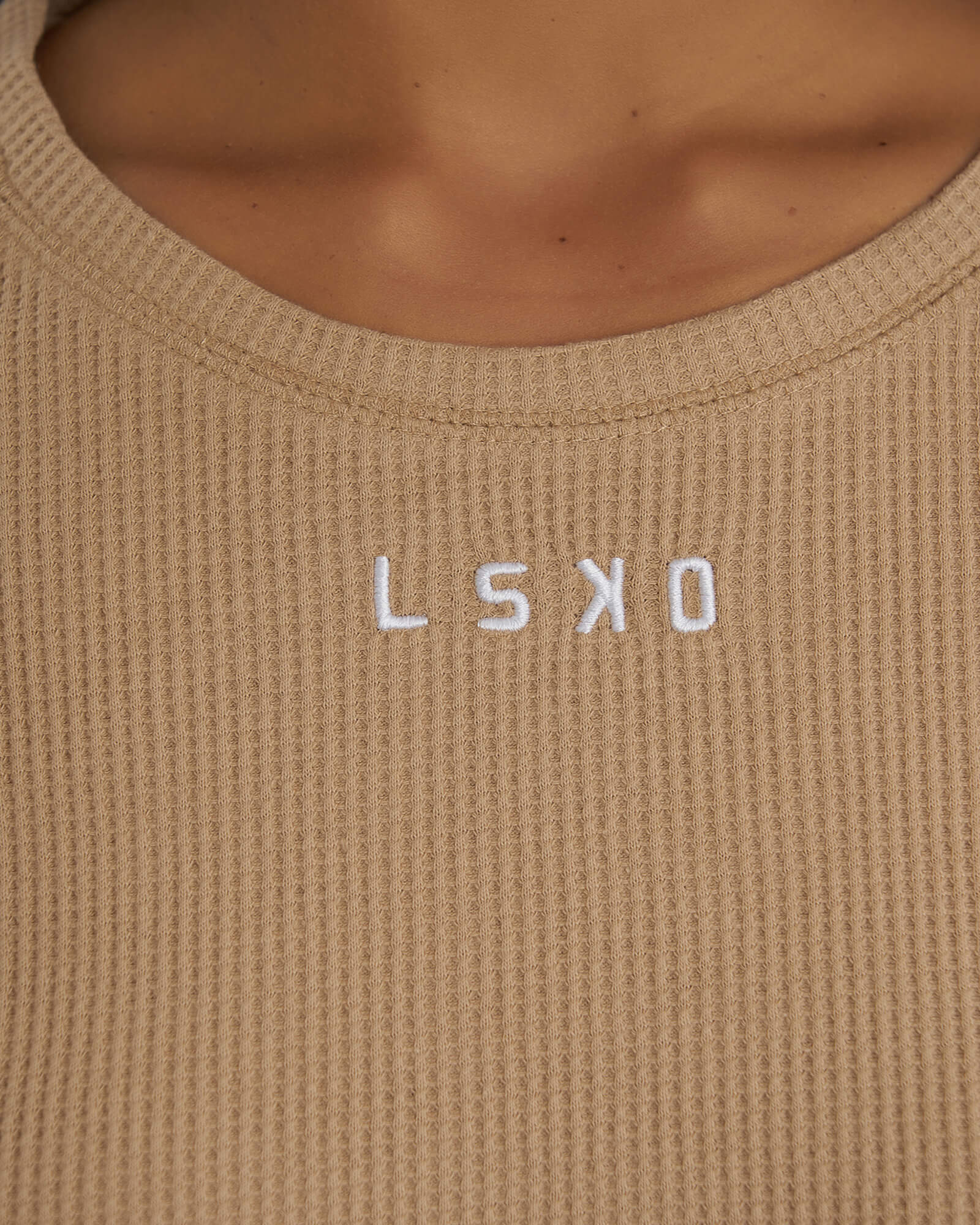 Model wearing Field Waffle LS Dress - Almond