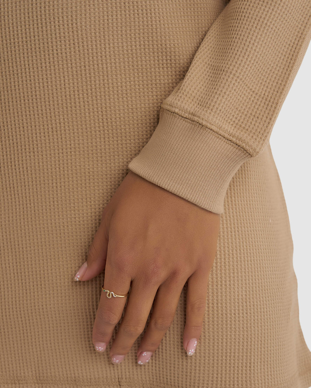 Model wearing Field Waffle LS Dress - Almond