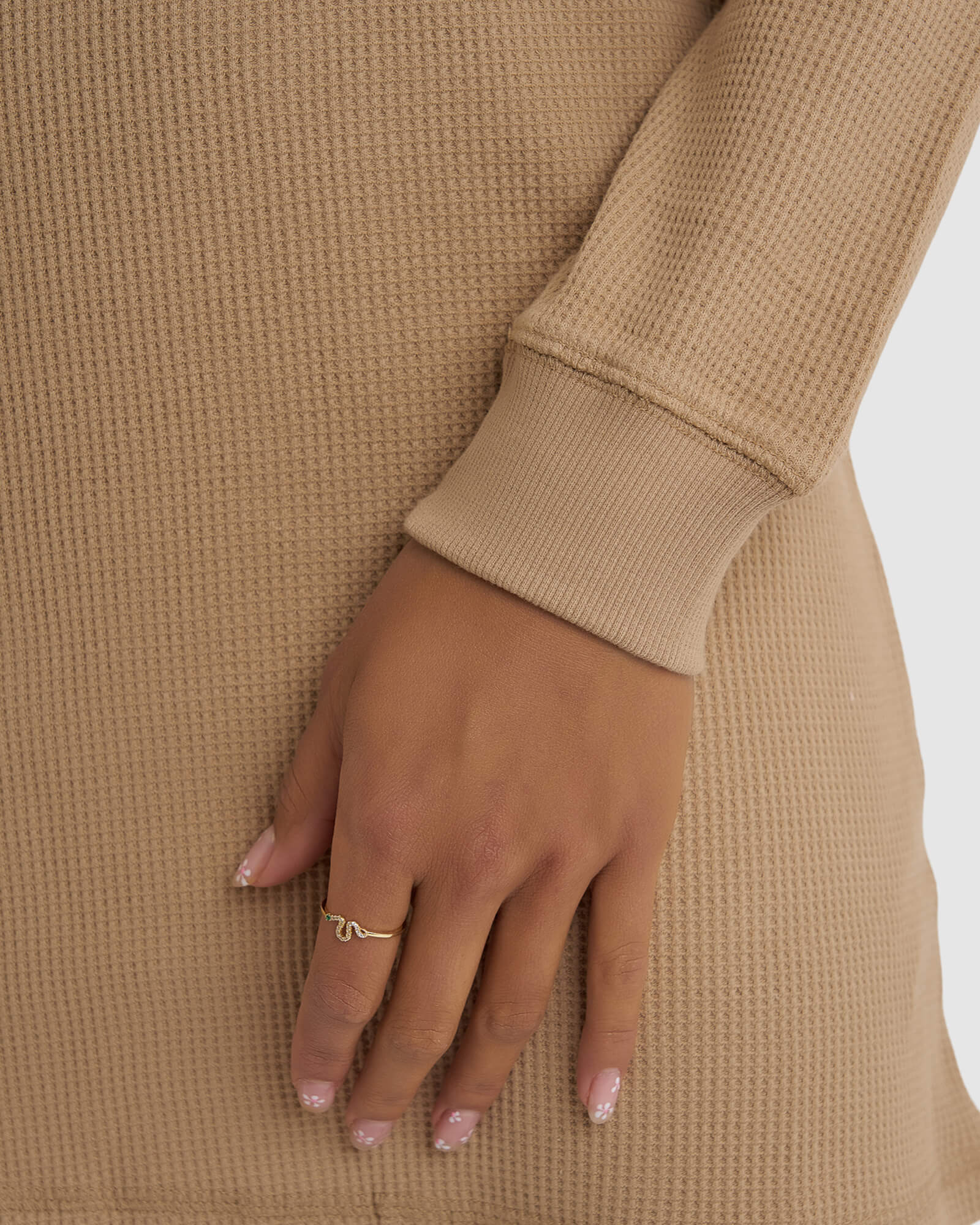 Model wearing Field Waffle LS Dress - Almond