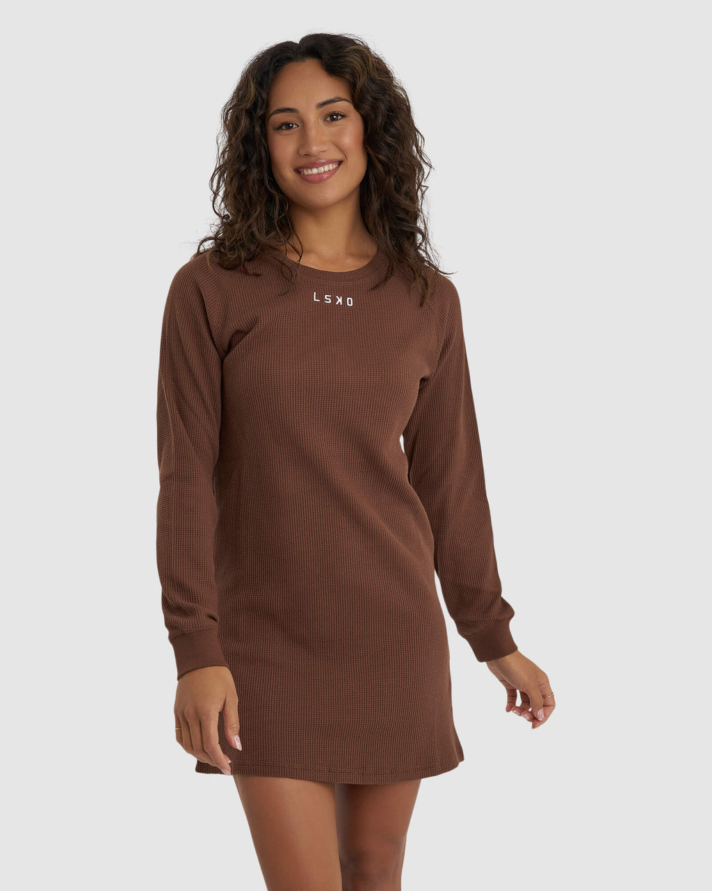 Model wearing Field Waffle LS Dress - Hazelnut