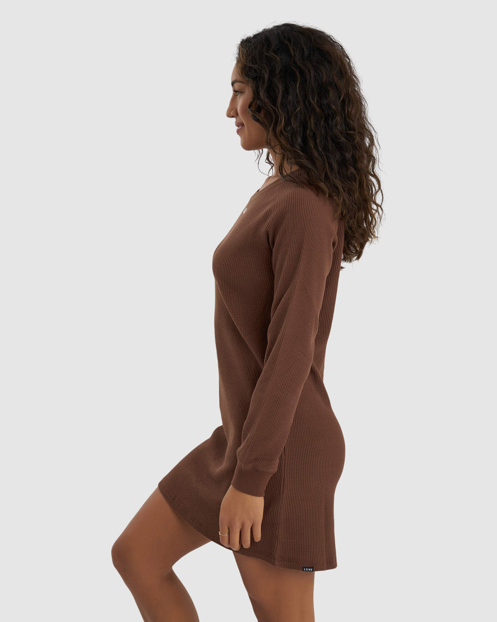 Model wearing Field Waffle LS Dress - Hazelnut
