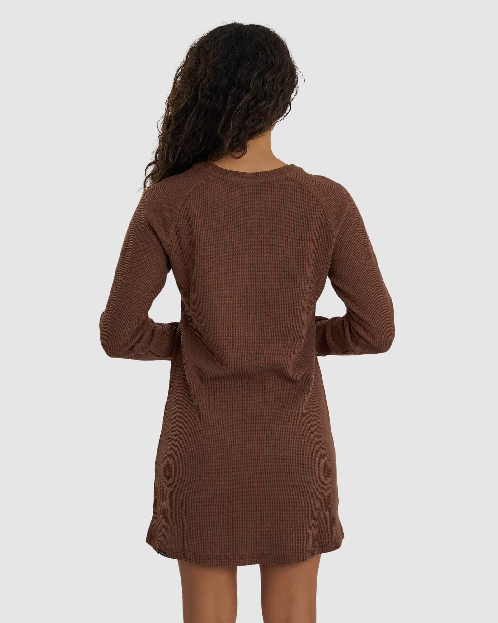 Model wearing Field Waffle LS Dress - Hazelnut