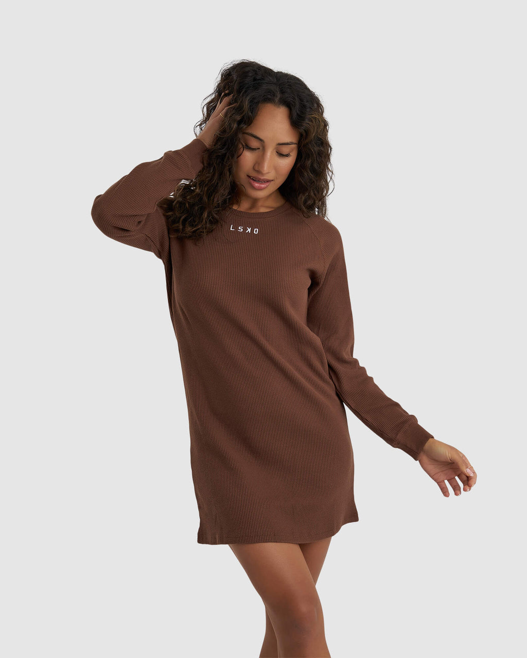 Model wearing Field Waffle LS Dress - Hazelnut