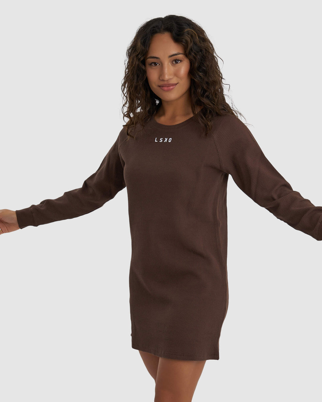 Model wearing Field Waffle LS Dress - Walnut