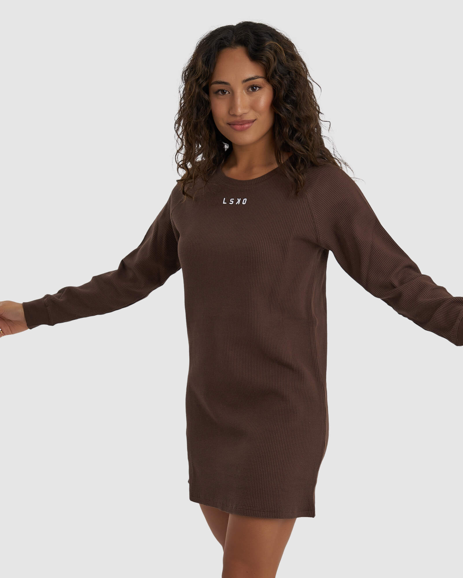Model wearing Field Waffle LS Dress - Walnut