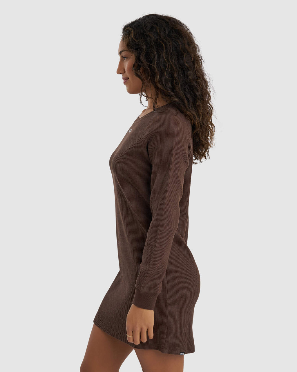 Model wearing Field Waffle LS Dress - Walnut