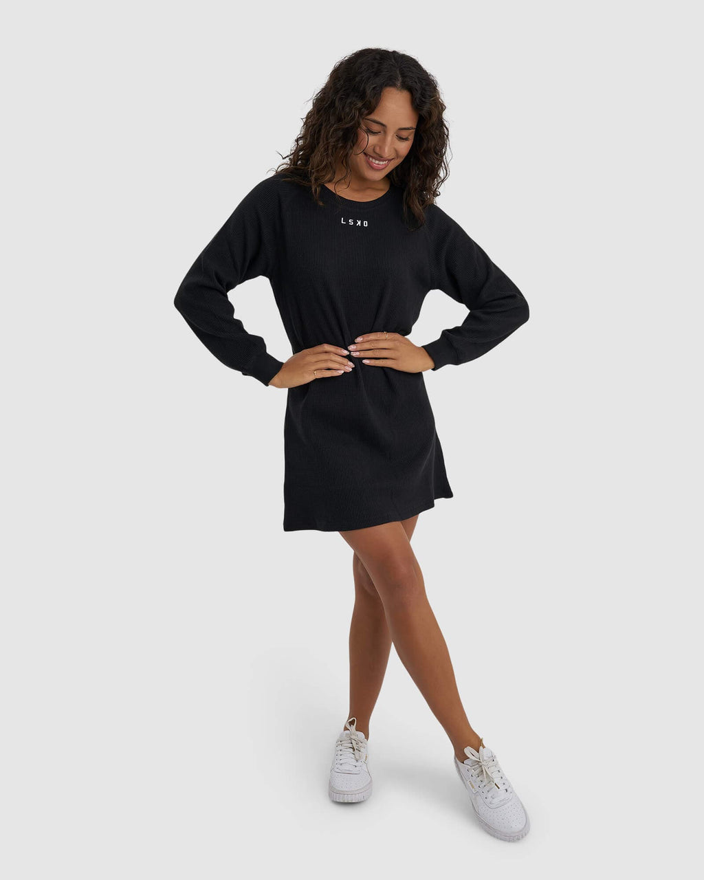 Model wearing Field Waffle LS Dress - Black