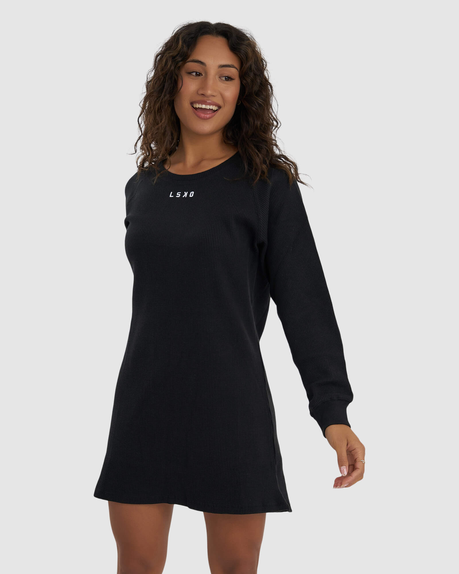 Model wearing Field Waffle LS Dress - Black