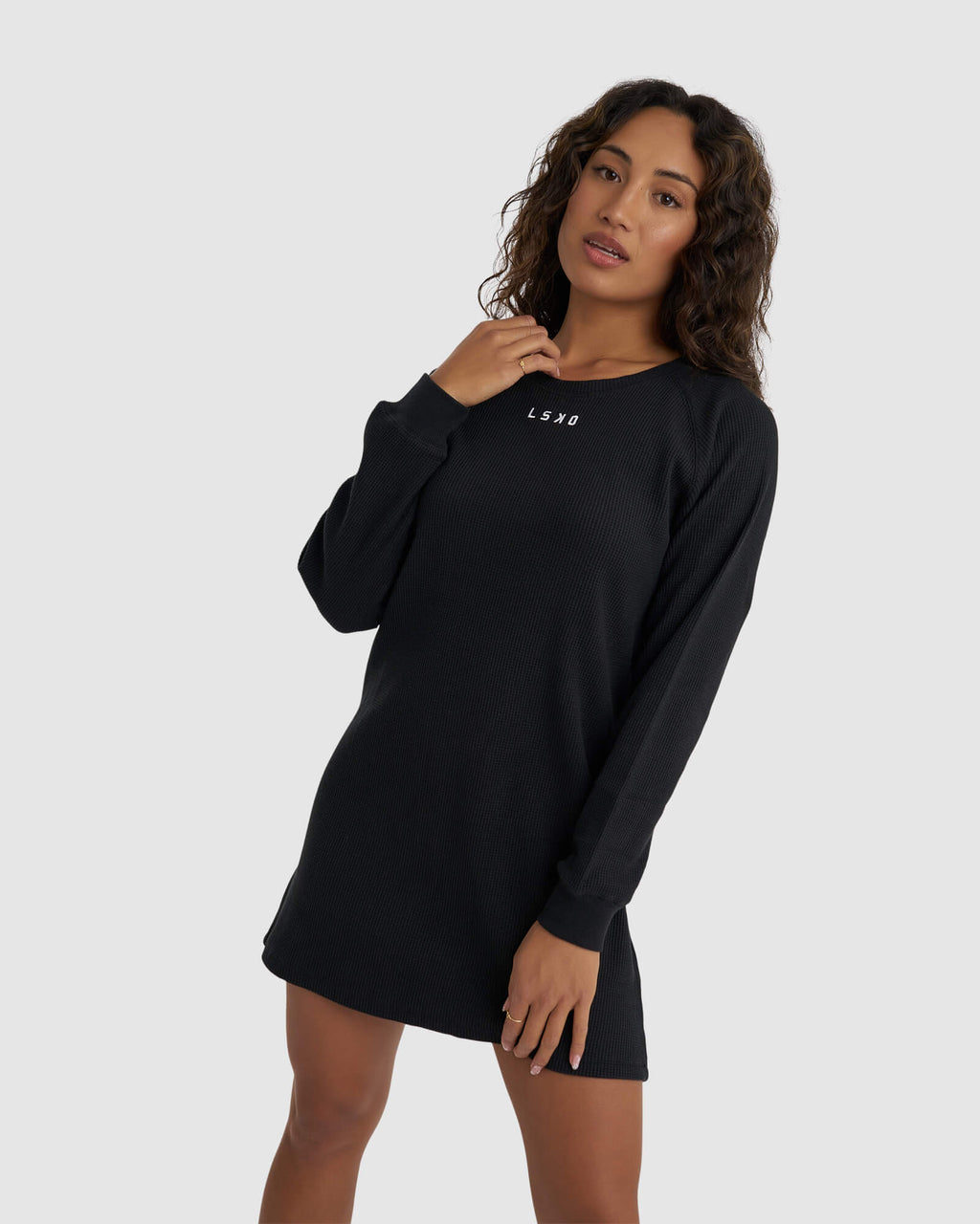 Model wearing Field Waffle LS Dress - Black