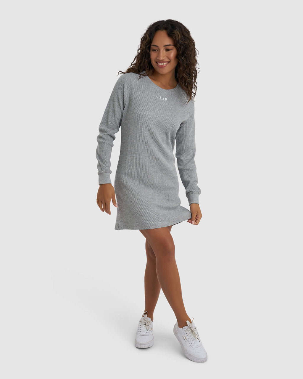 Model wearing Field Waffle LS Dress - Lt Grey Marl