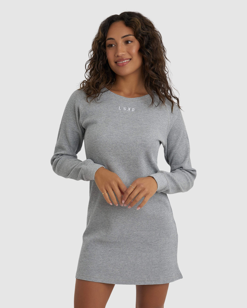 Model wearing Field Waffle LS Dress - Lt Grey Marl