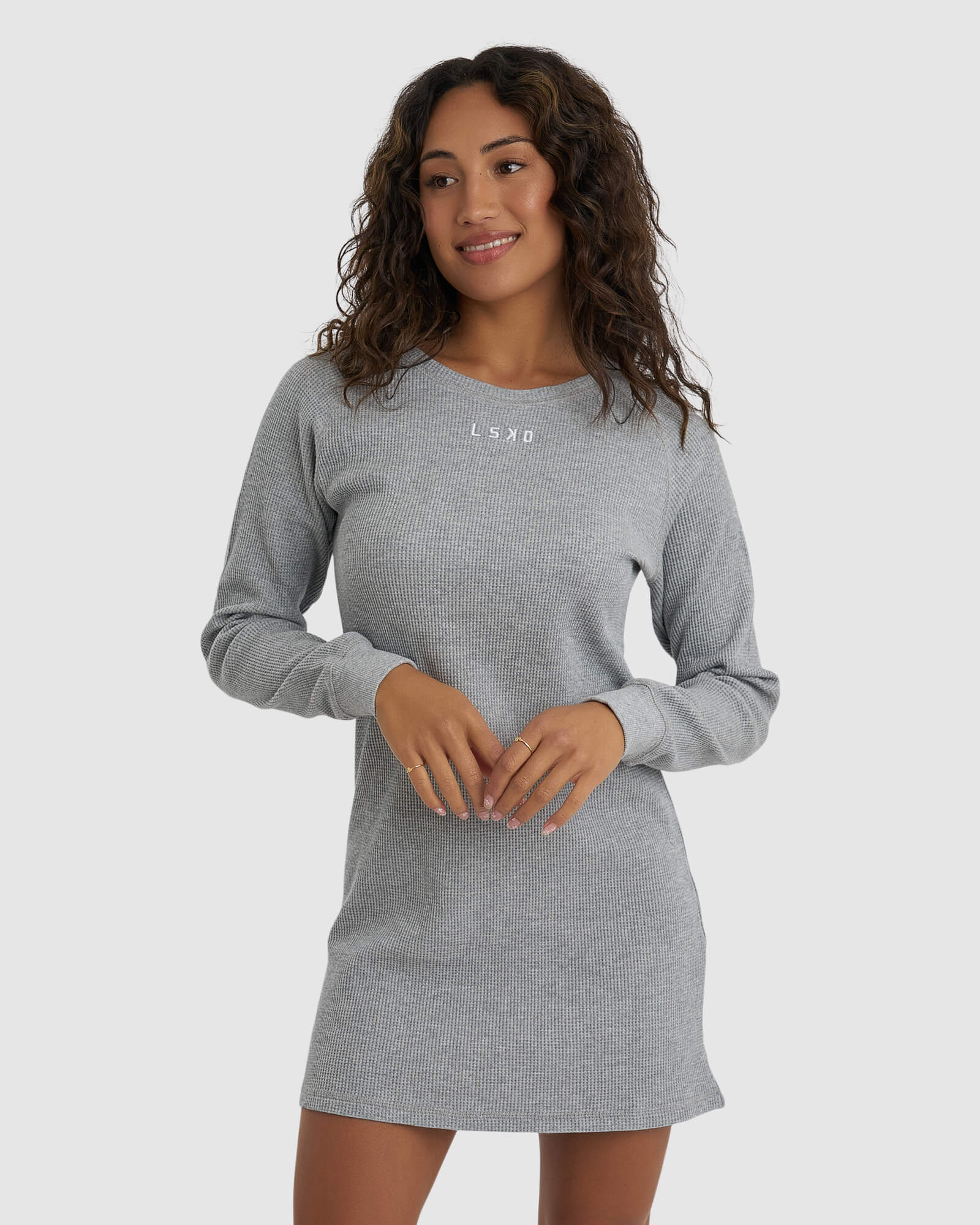 Model wearing Field Waffle LS Dress - Lt Grey Marl