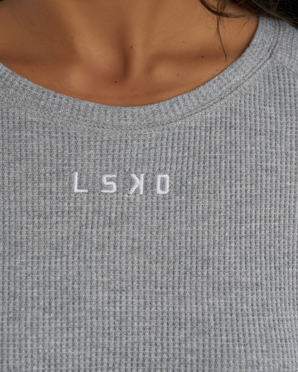 Model wearing Field Waffle LS Dress - Lt Grey Marl