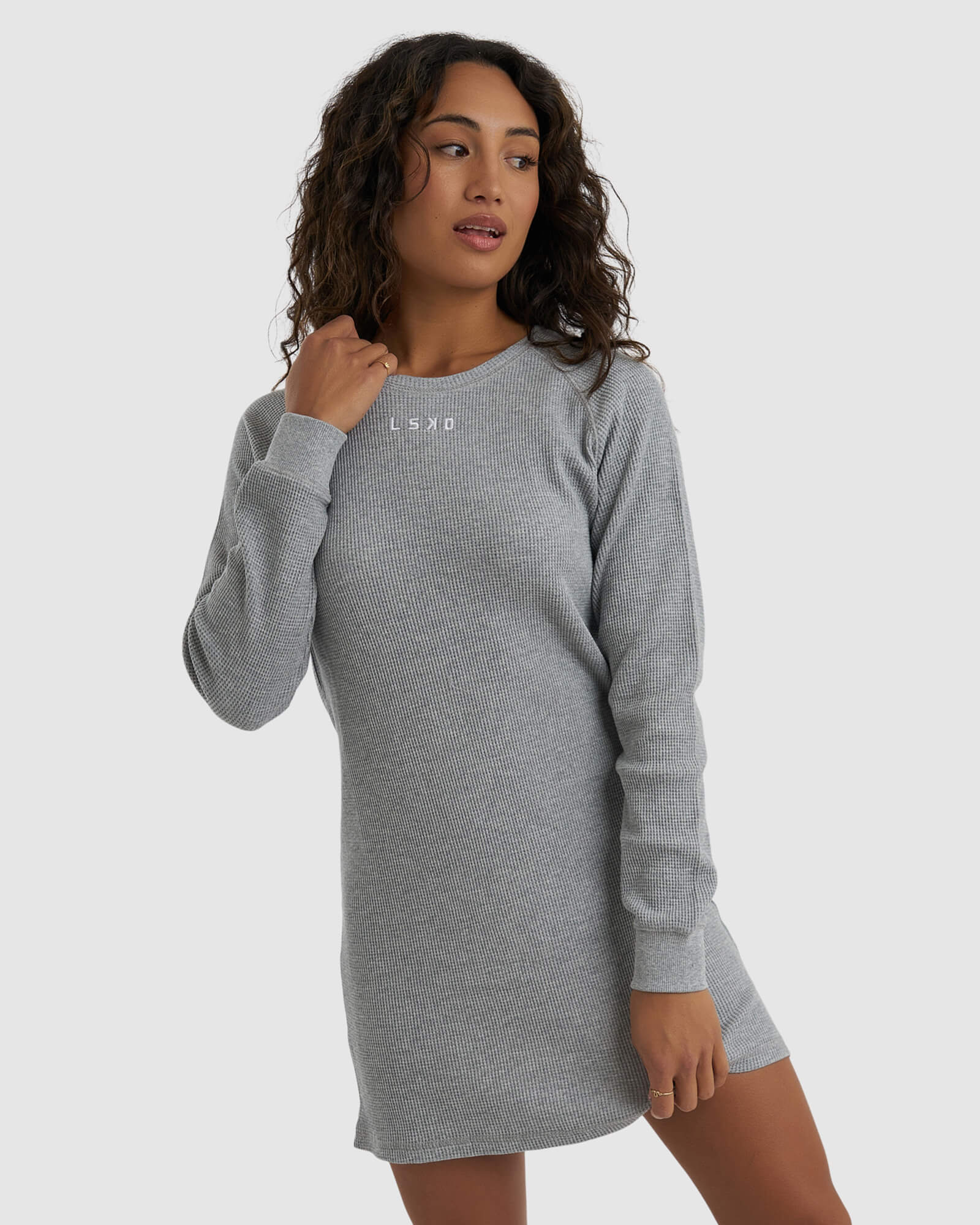 Model wearing Field Waffle LS Dress - Lt Grey Marl