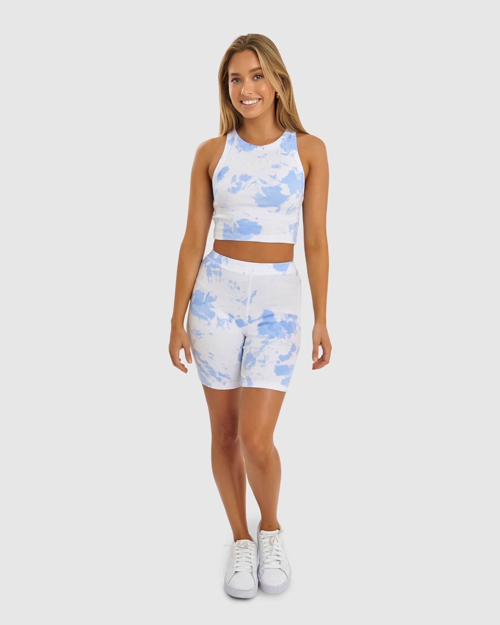 Model wearing Crop Field Ribbed Tank - Soft Blue Tie Dye