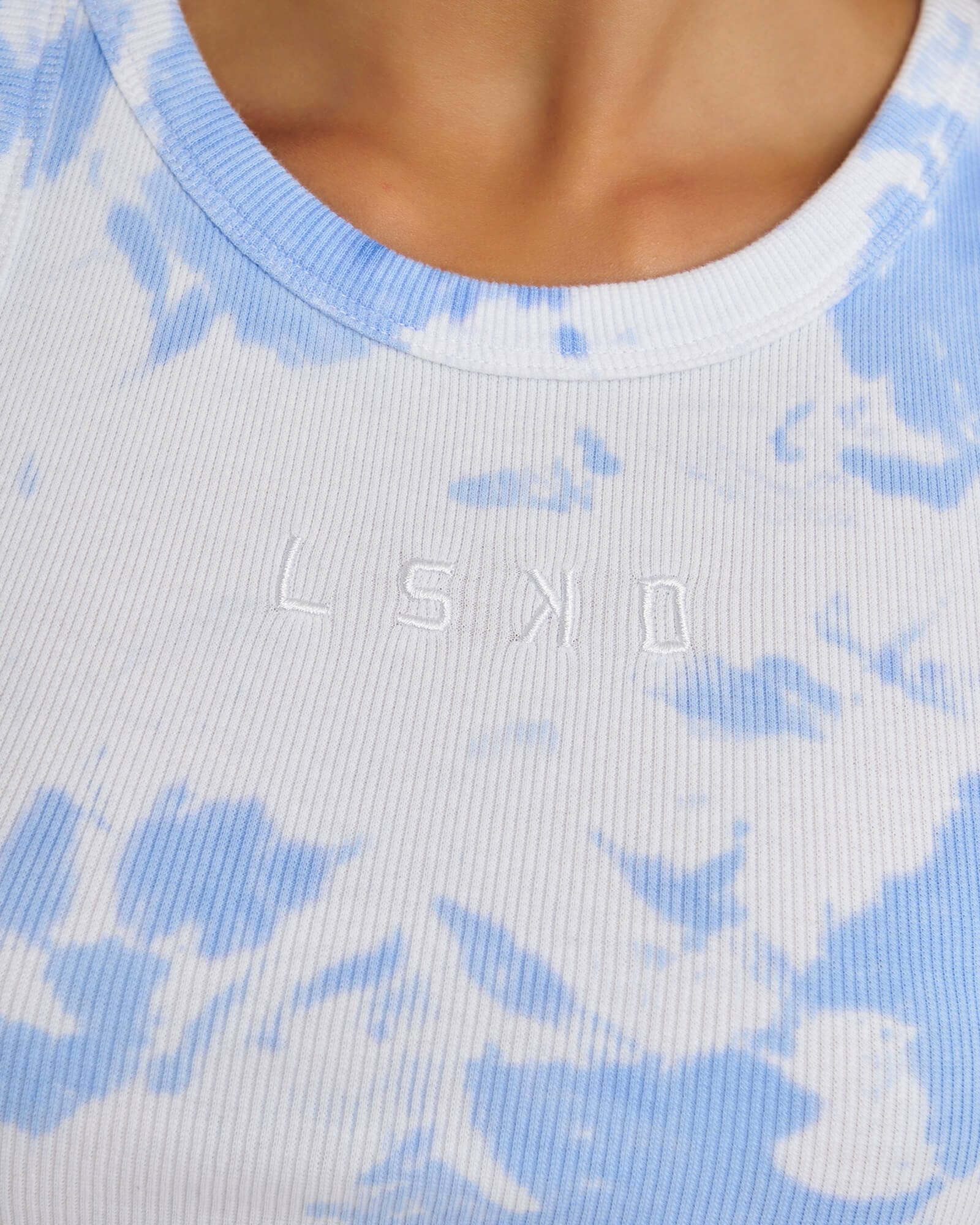 Model wearing Crop Field Ribbed Tank - Soft Blue Tie Dye