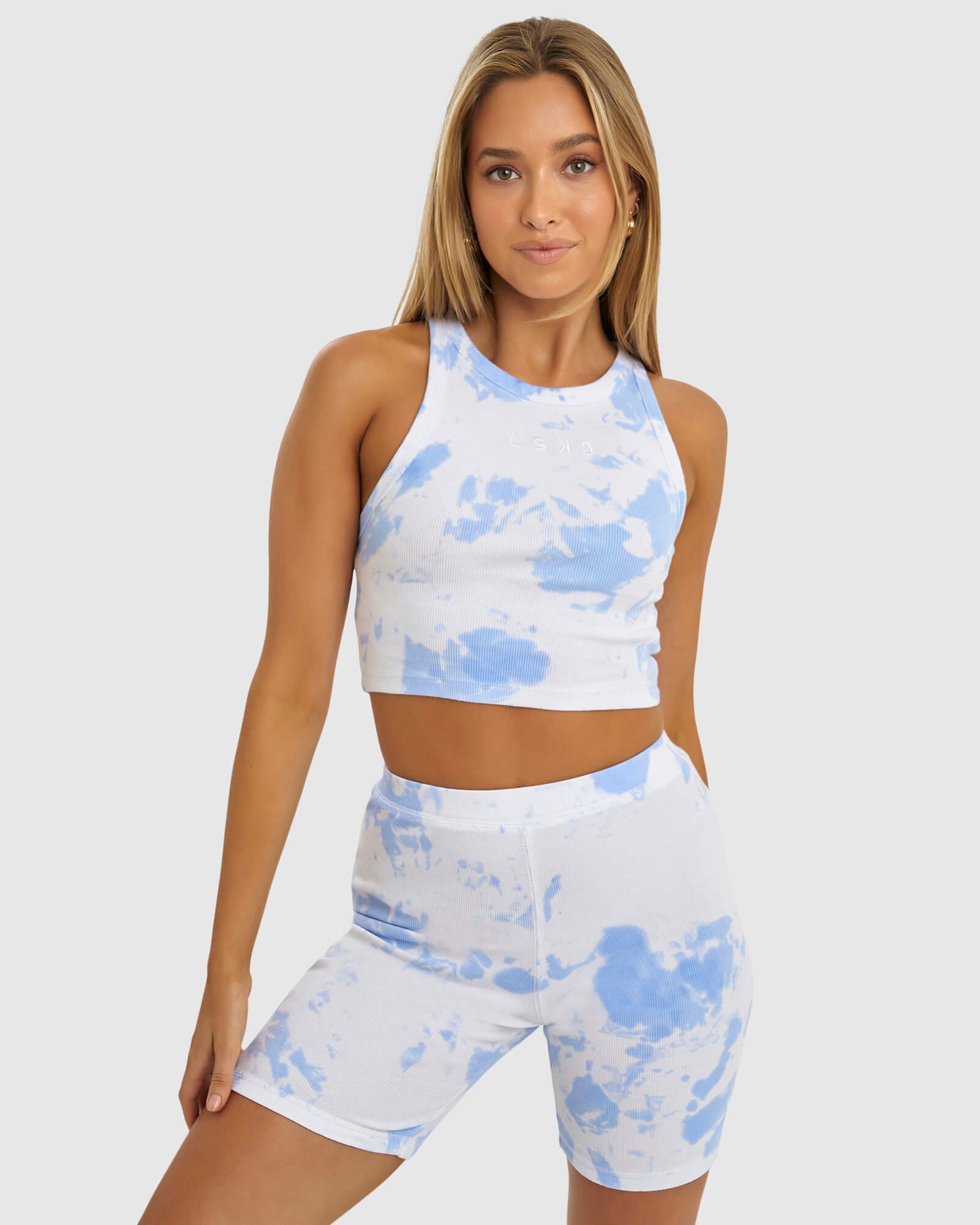 Model wearing Dymo Ribbed Bike Short - Soft Blue Tie Dye