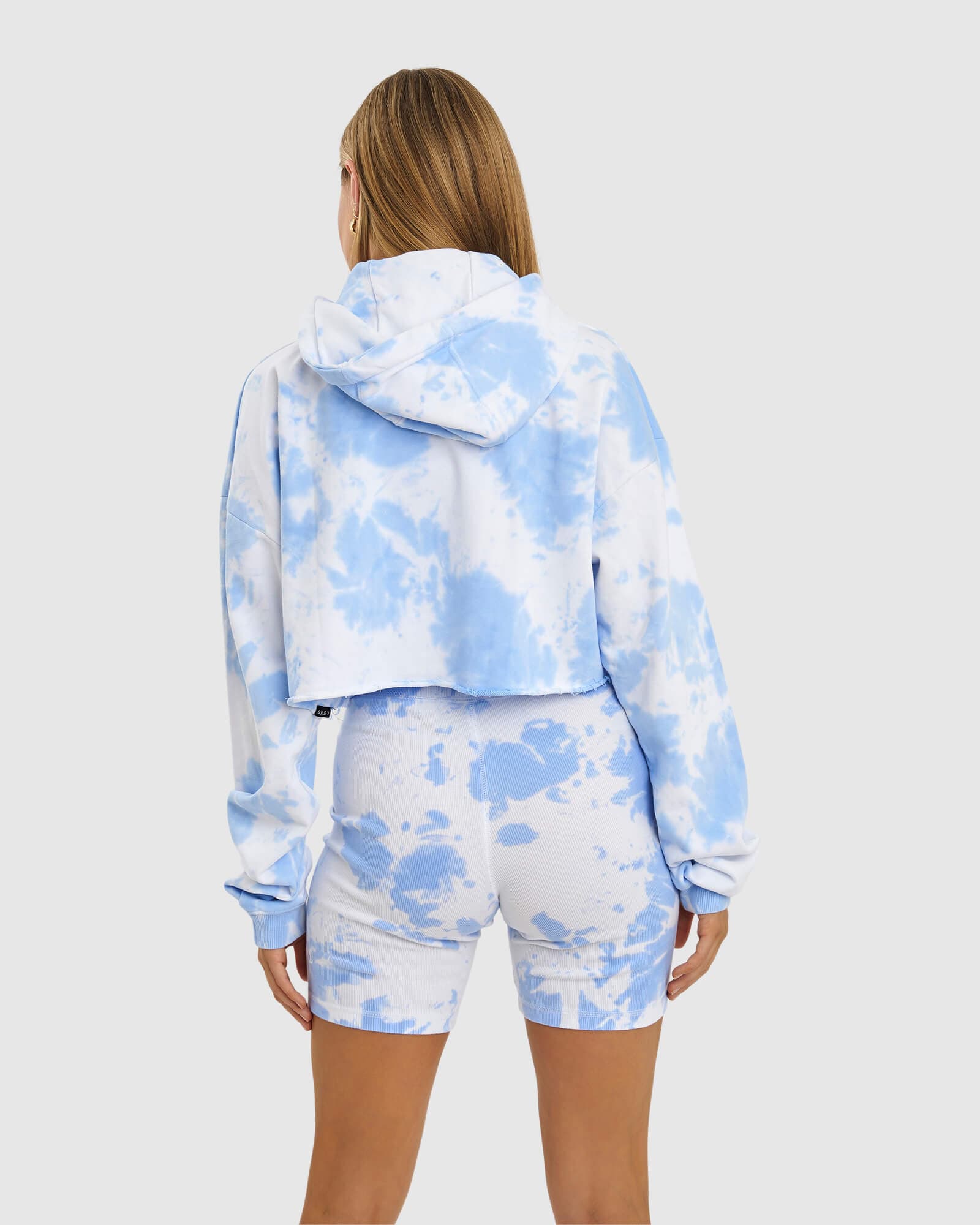 Model wearing Field Pullover - Soft Blue Tie Dye