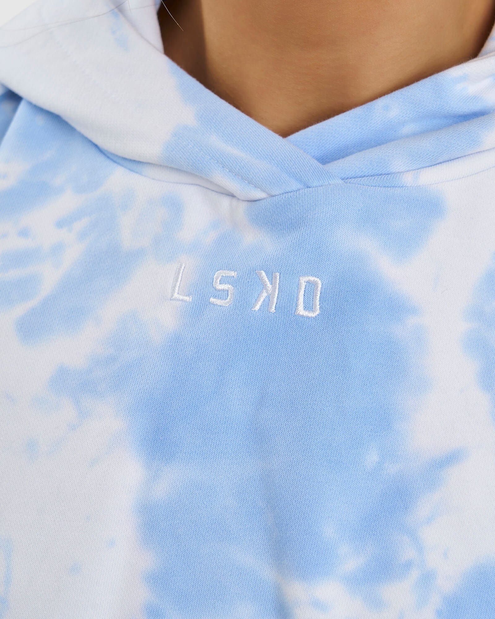 Model wearing Field Pullover - Soft Blue Tie Dye