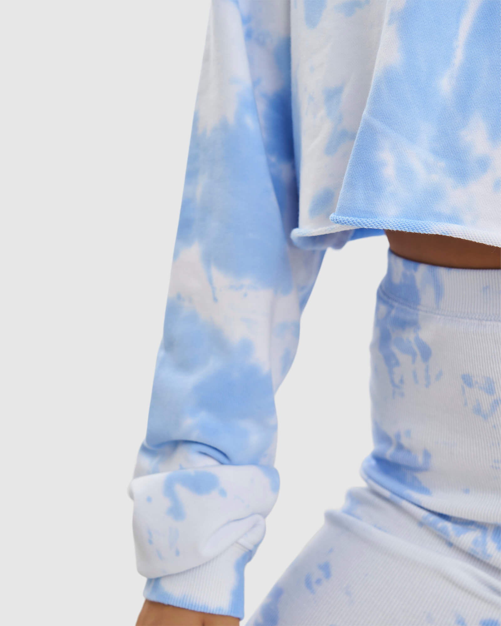 Model wearing Field Pullover - Soft Blue Tie Dye