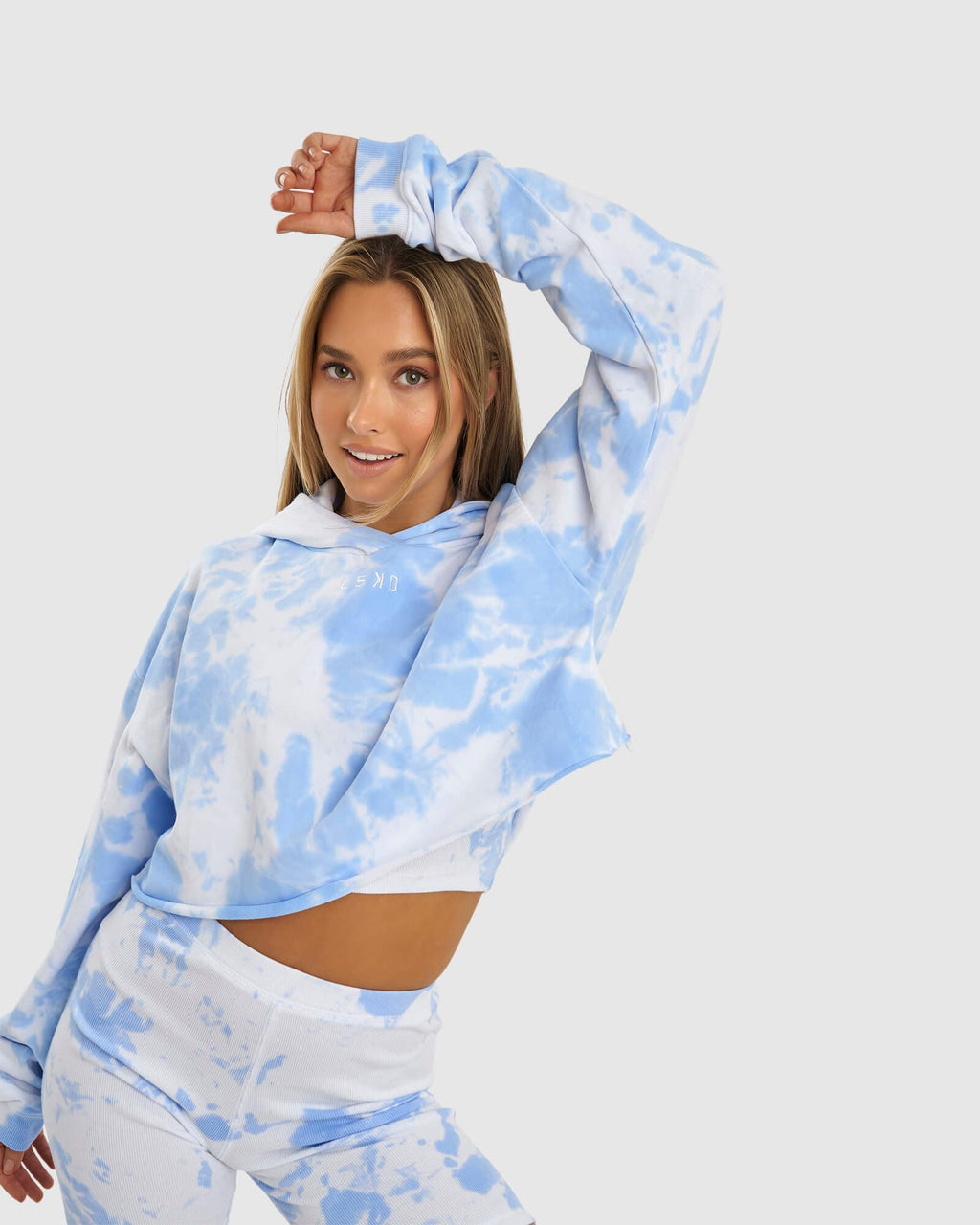 Model wearing Field Pullover - Soft Blue Tie Dye