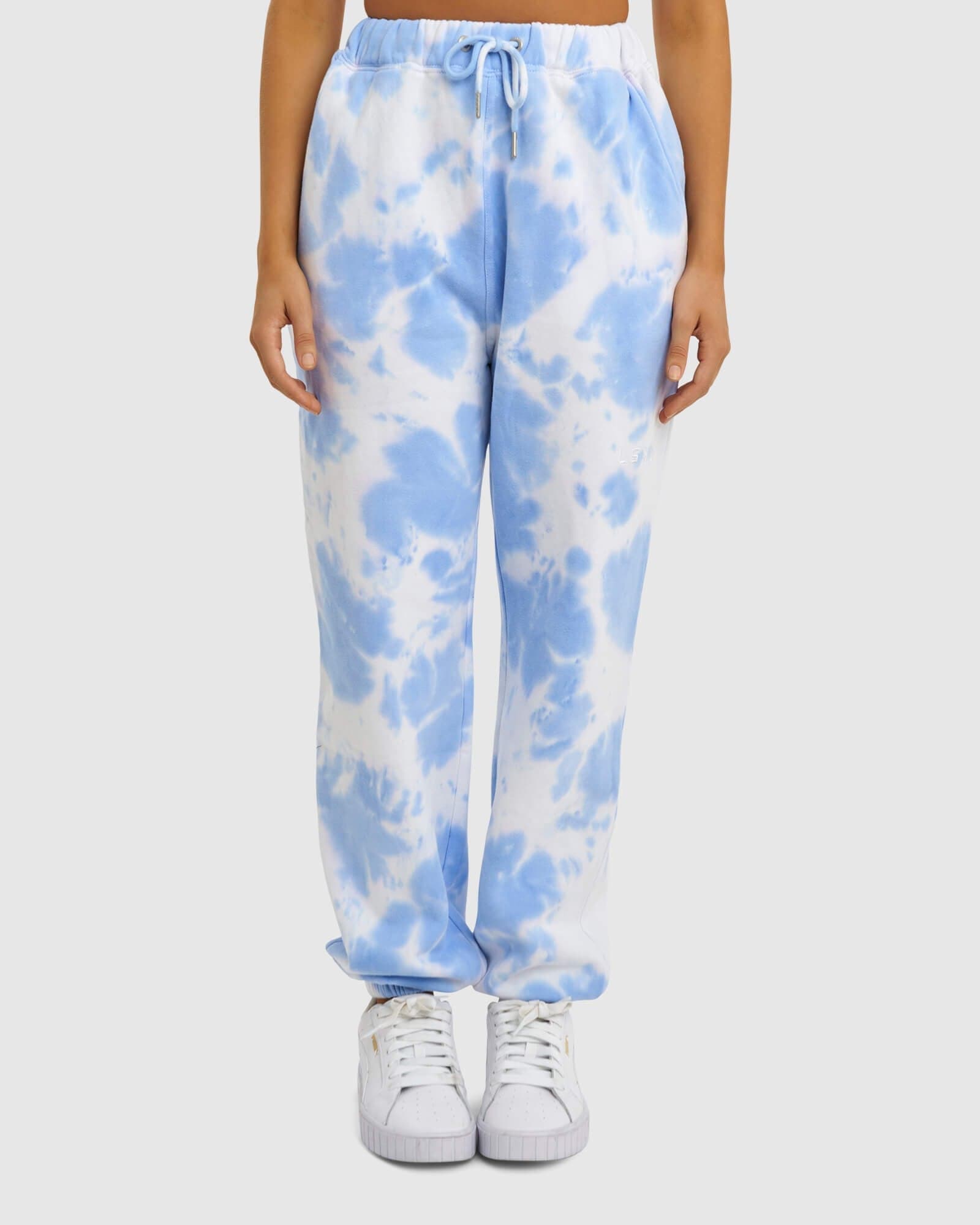 Model wearing Fast Track Pant - Soft Blue Tie Dye
