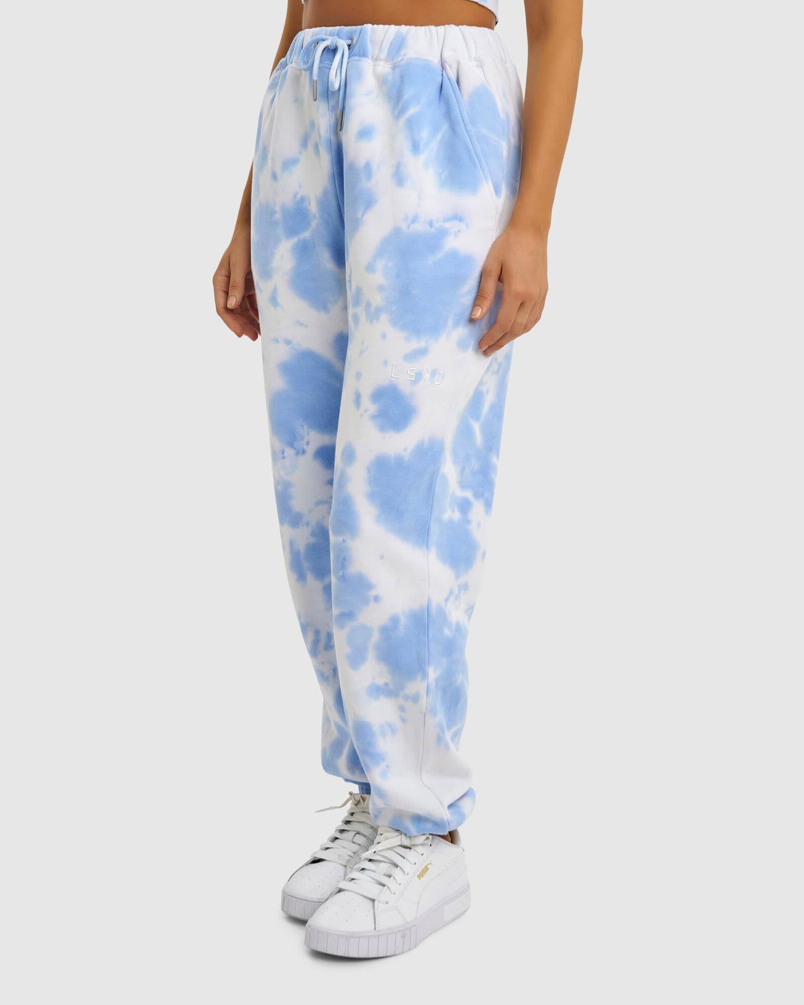 Model wearing Fast Track Pant - Soft Blue Tie Dye