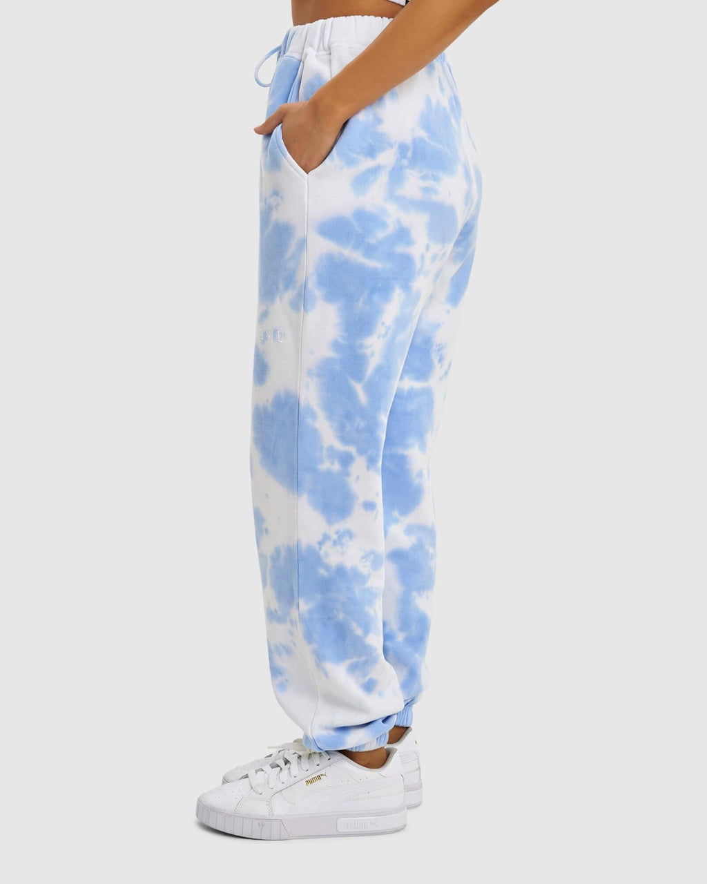 Model wearing Fast Track Pant - Soft Blue Tie Dye