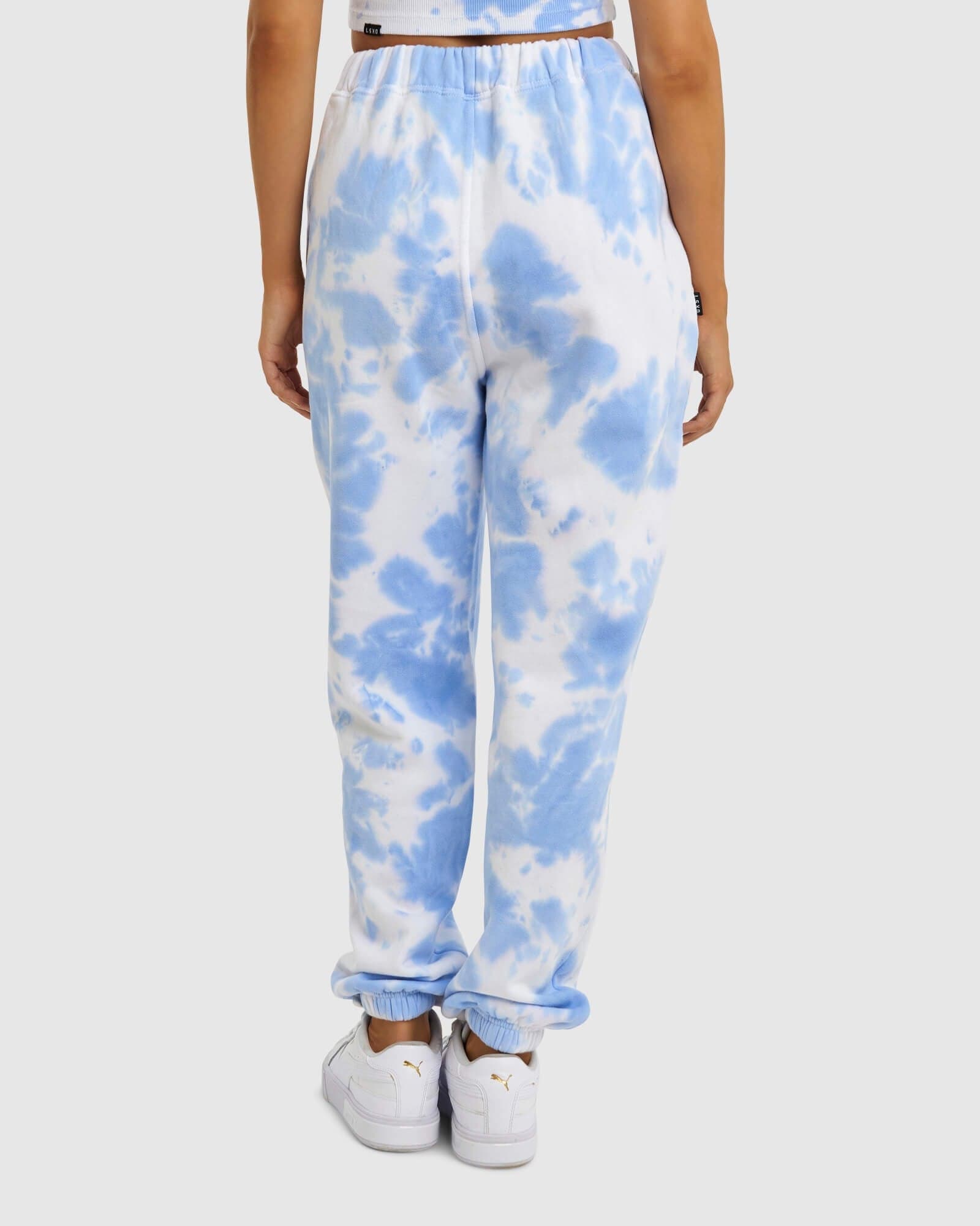 Model wearing Fast Track Pant - Soft Blue Tie Dye