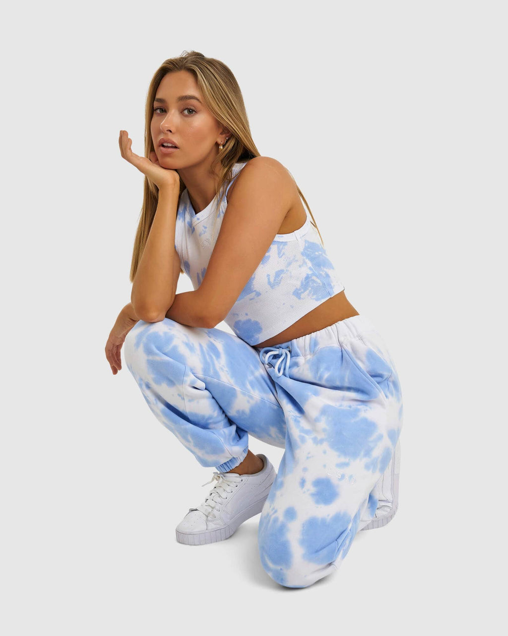 Model wearing Fast Track Pant - Soft Blue Tie Dye