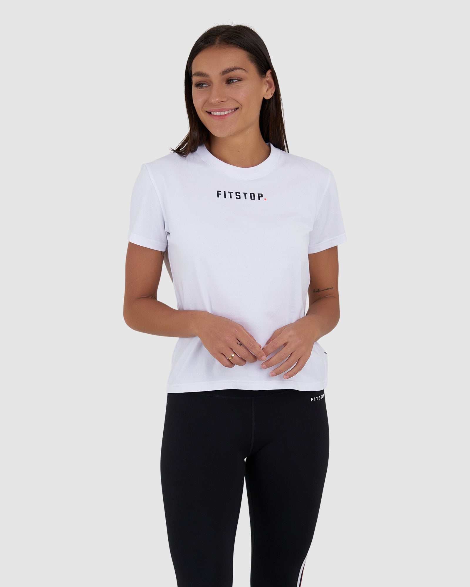 Model wearing Fitstop Fast Tee - White