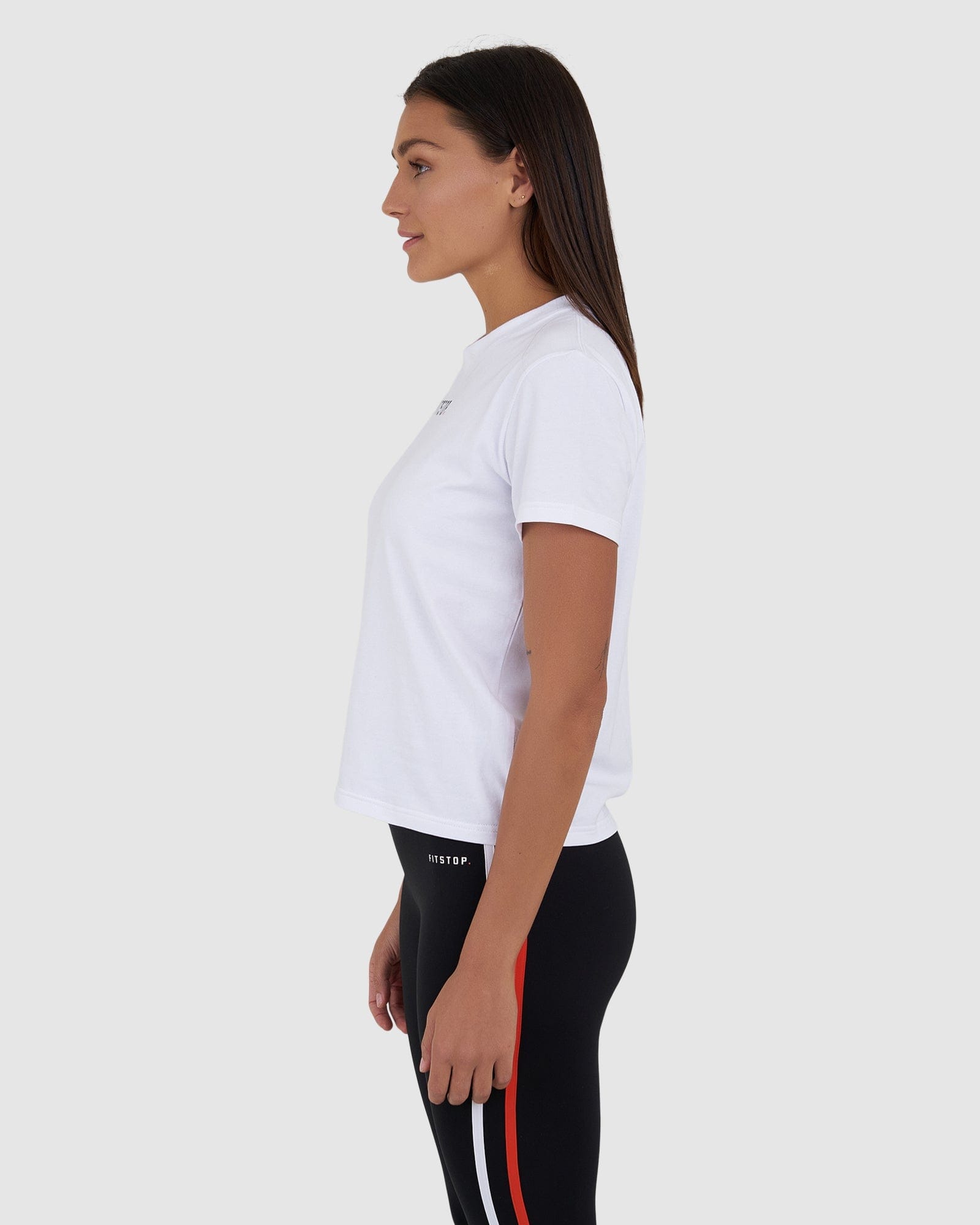 Model wearing Fitstop Fast Tee - White