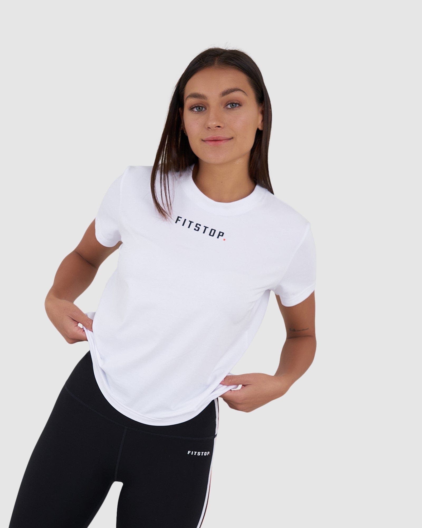 Model wearing Fitstop Fast Tee - White