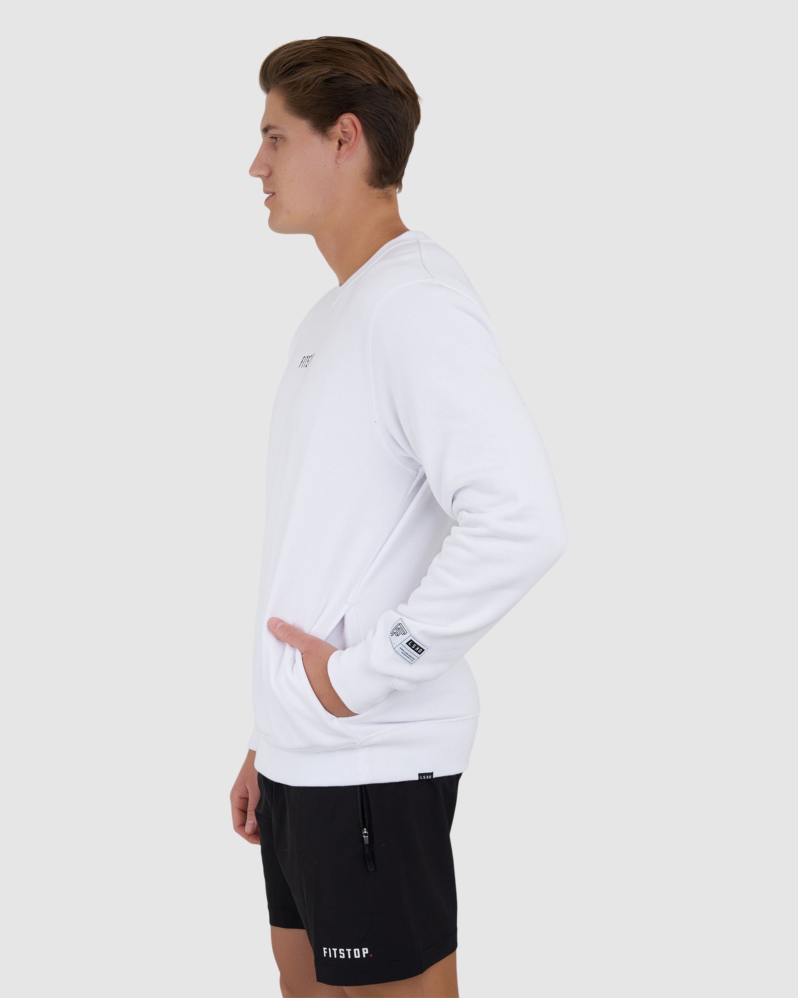 Model wearing Fitstop Functional Sweater - White