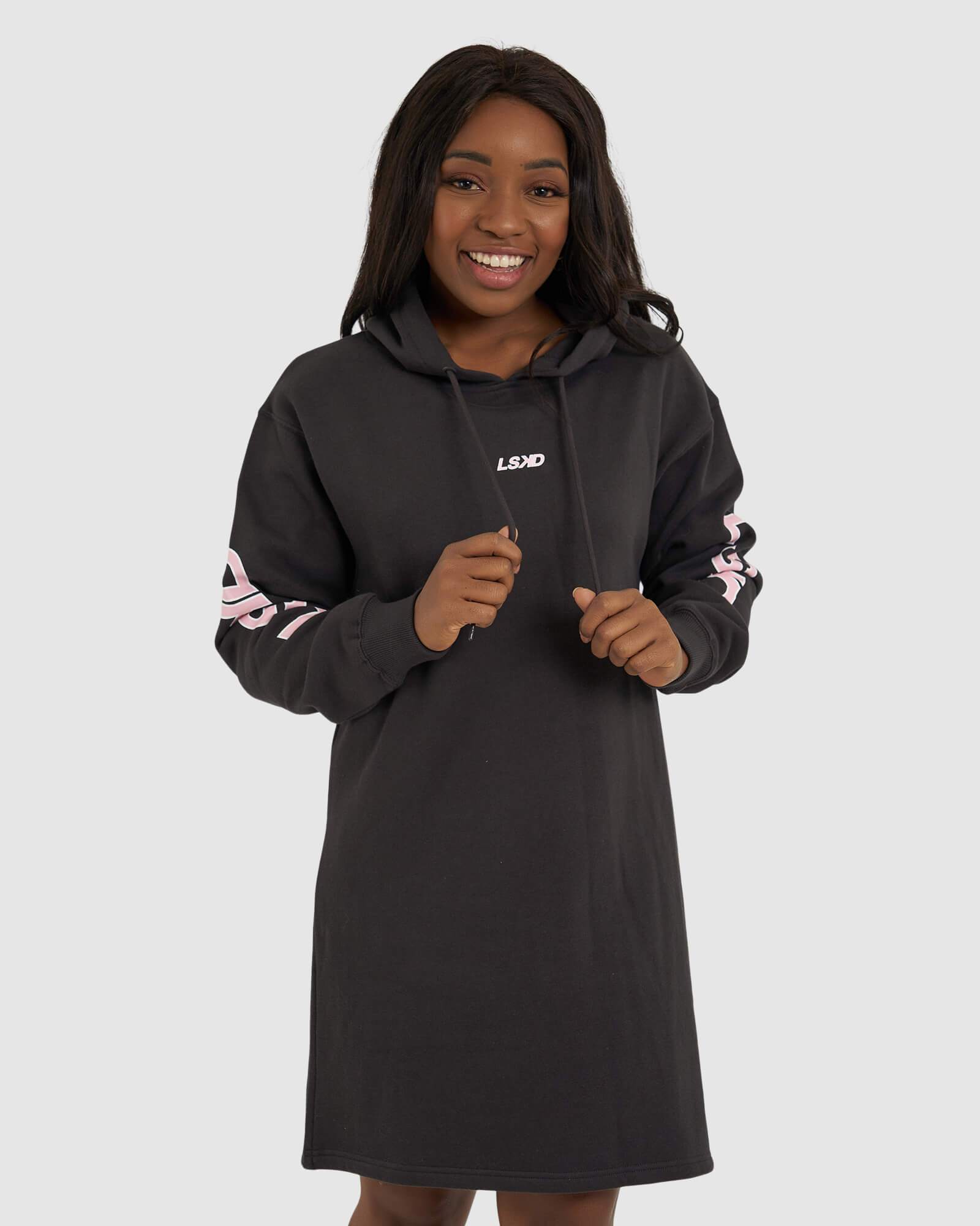 Model wearing DK Hoodie Dress - Pirate Black