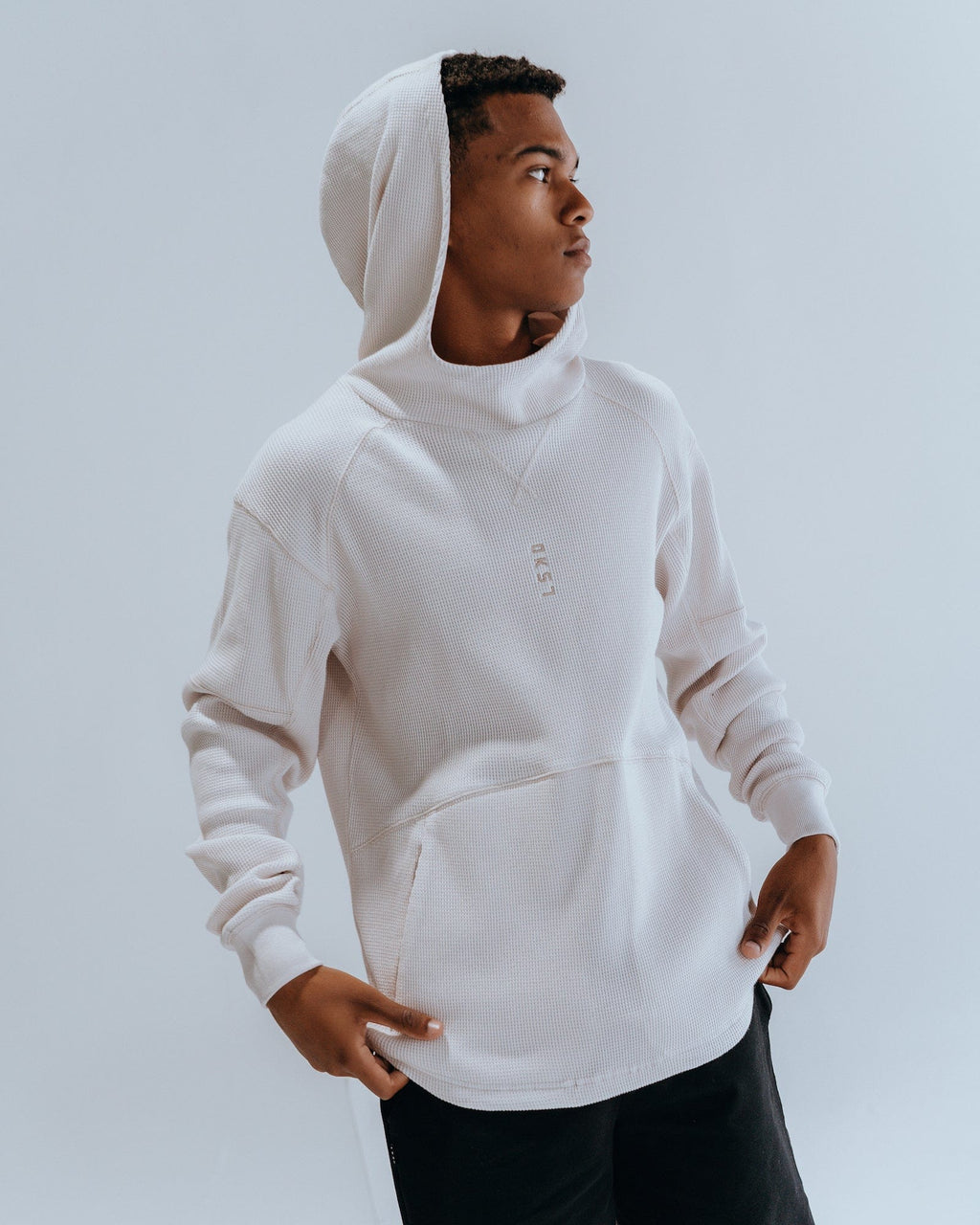 Model wearing 5am Waffle Hoodie - Clay