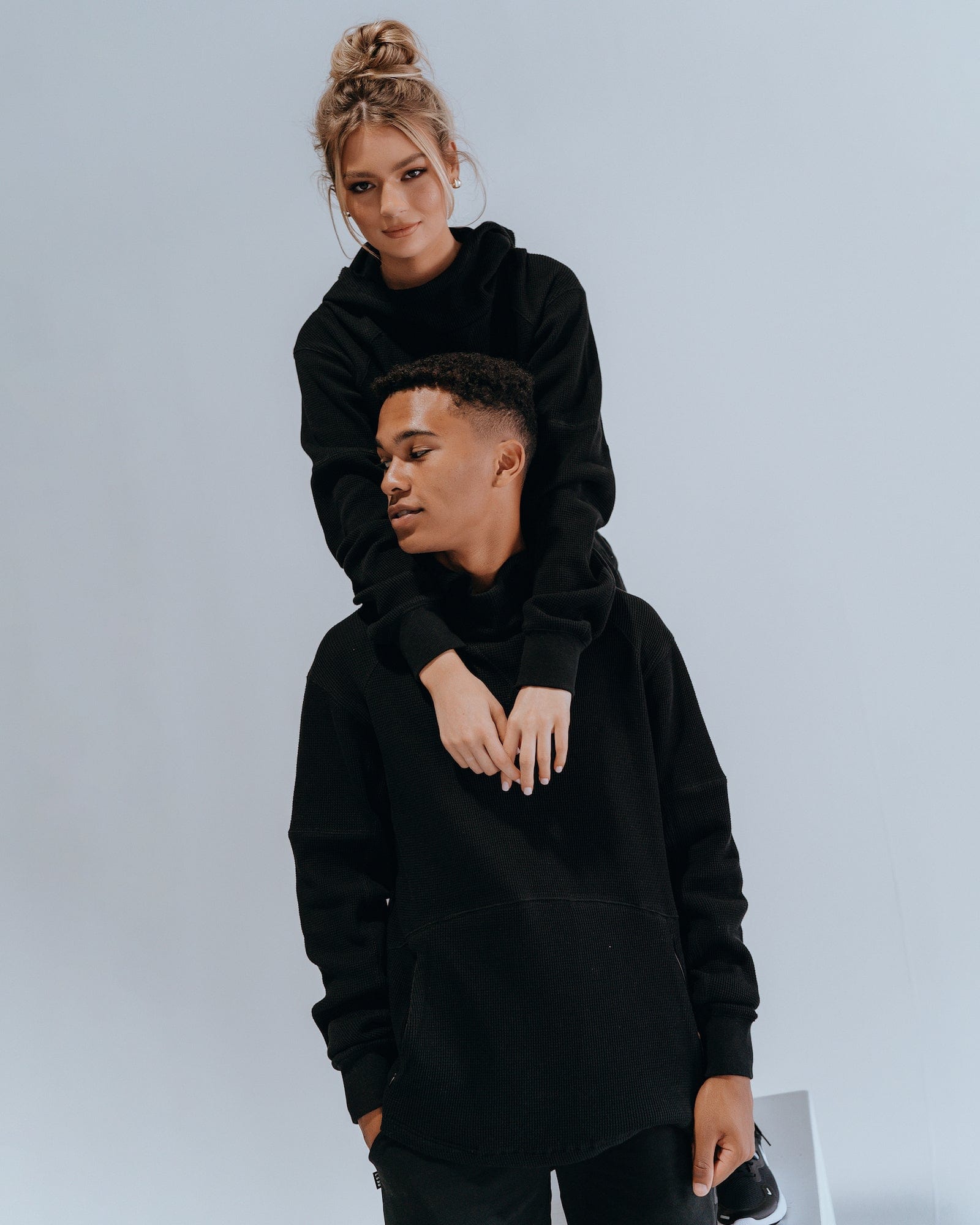 Model wearing Unisex 5am Waffle Hood - Black-Black