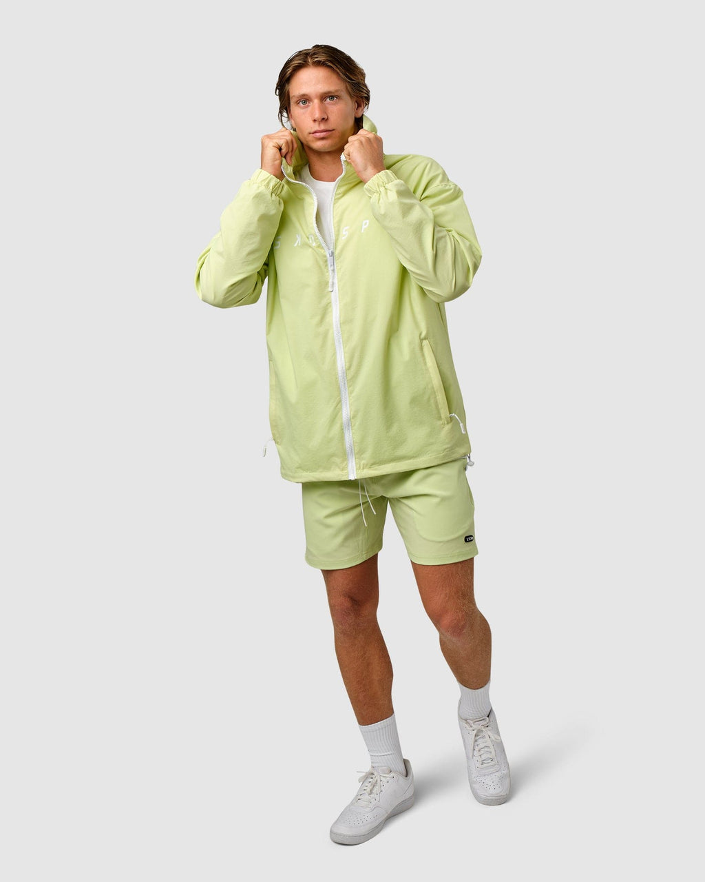 Model wearing Drill Track Jacket Oversize - Pastel Lime