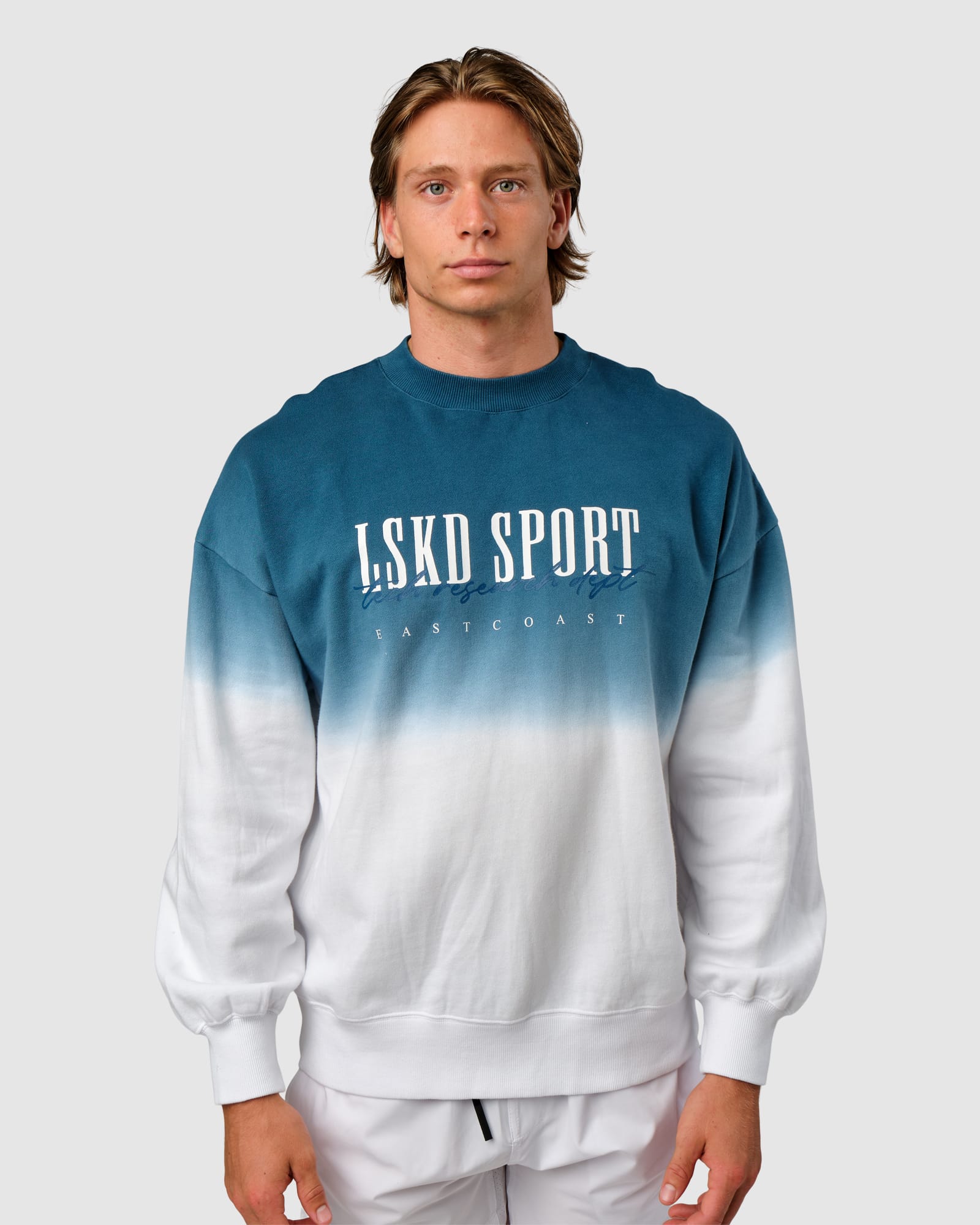Model wearing Gradient Sweater - Atlantic-White