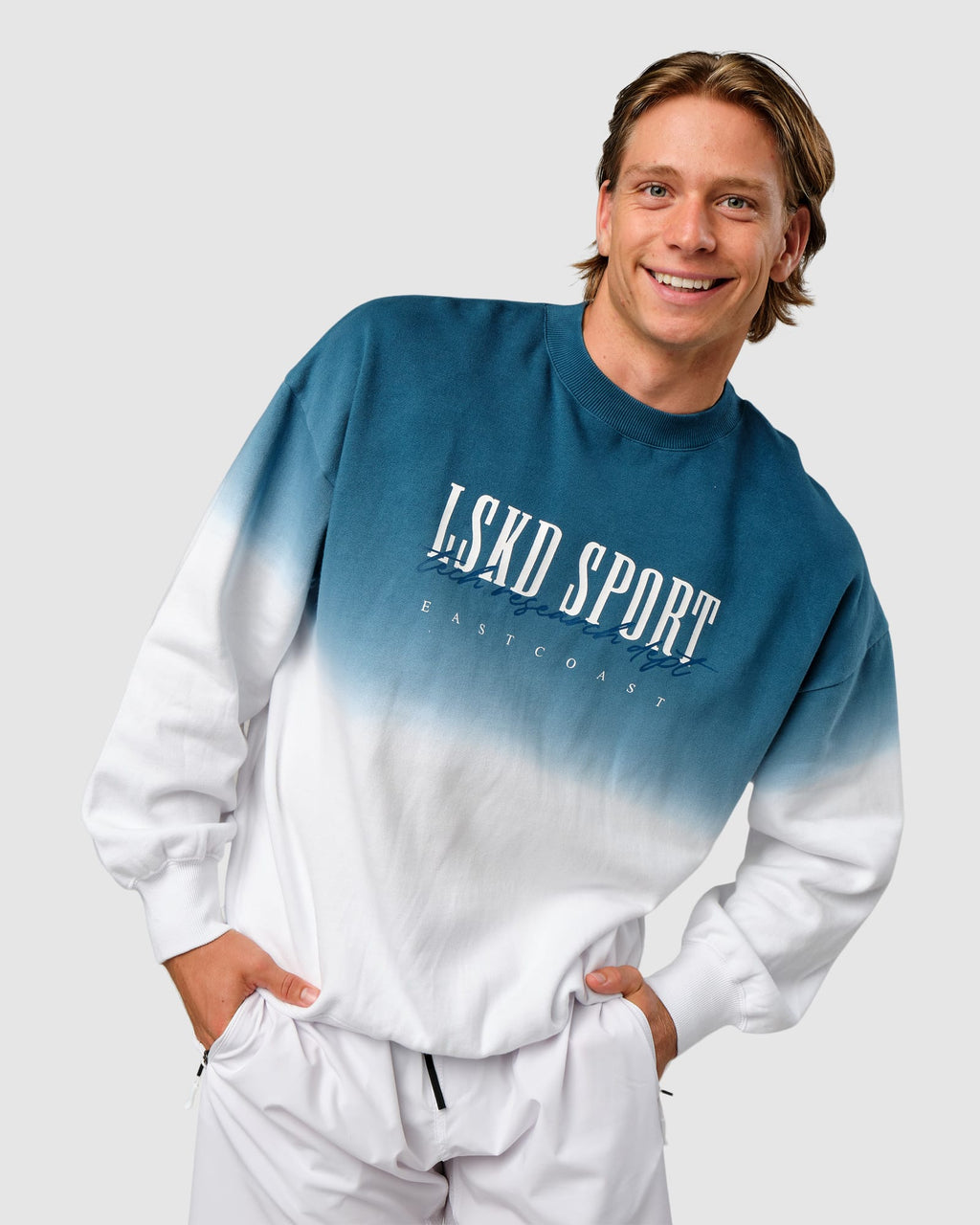 Model wearing Gradient Sweater - Atlantic-White