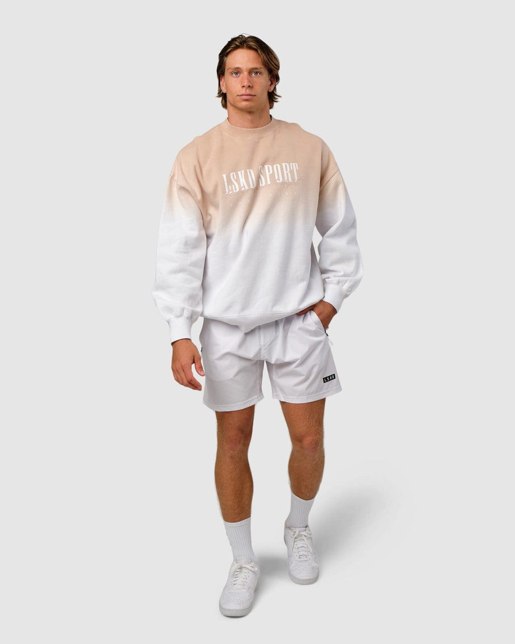 Model wearing Gradient Sweater - Nude-White