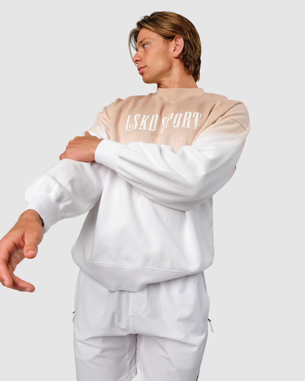 Model wearing Gradient Sweater - Nude-White