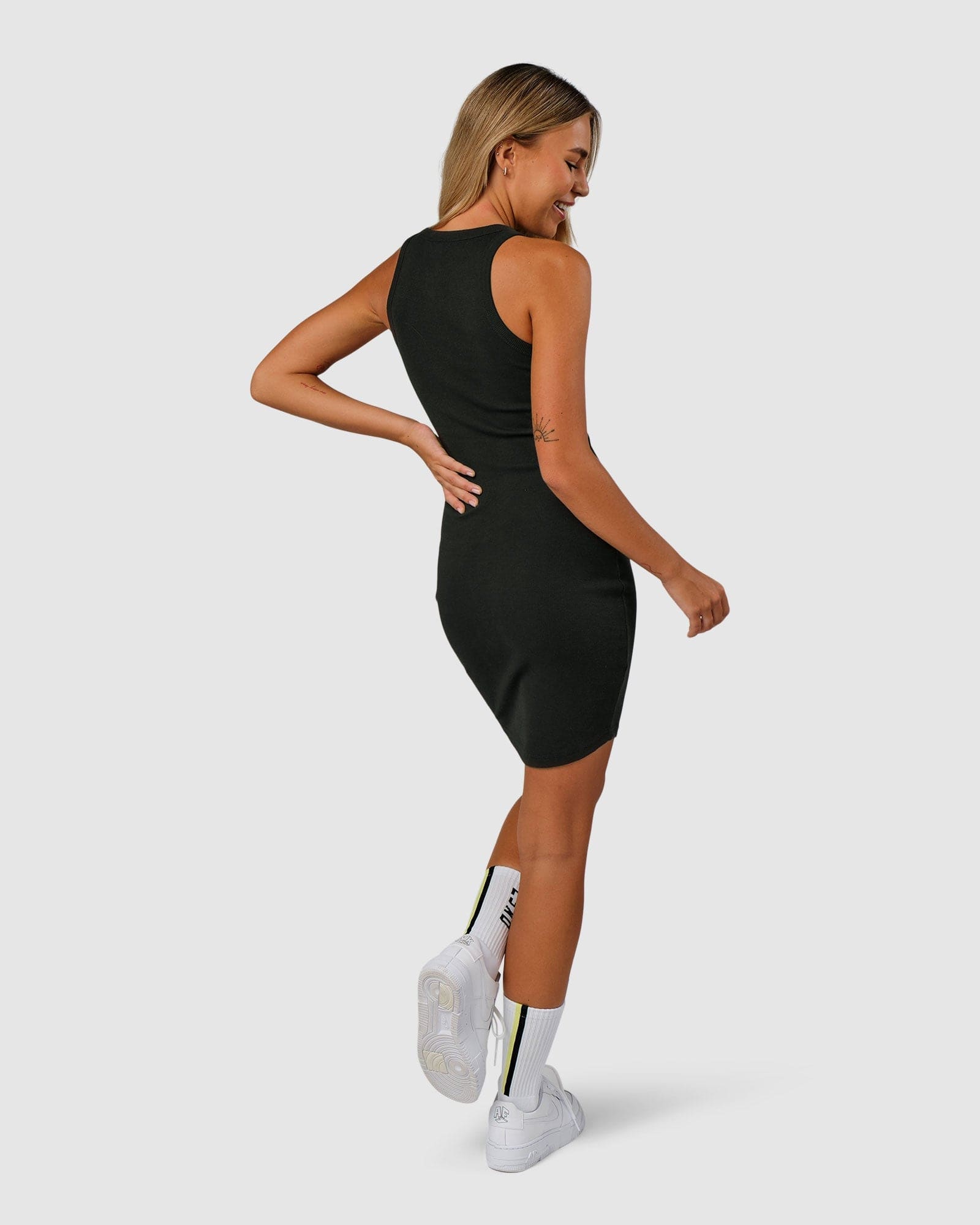 Model wearing Field Ribbed Tank Dress - Pirate Black