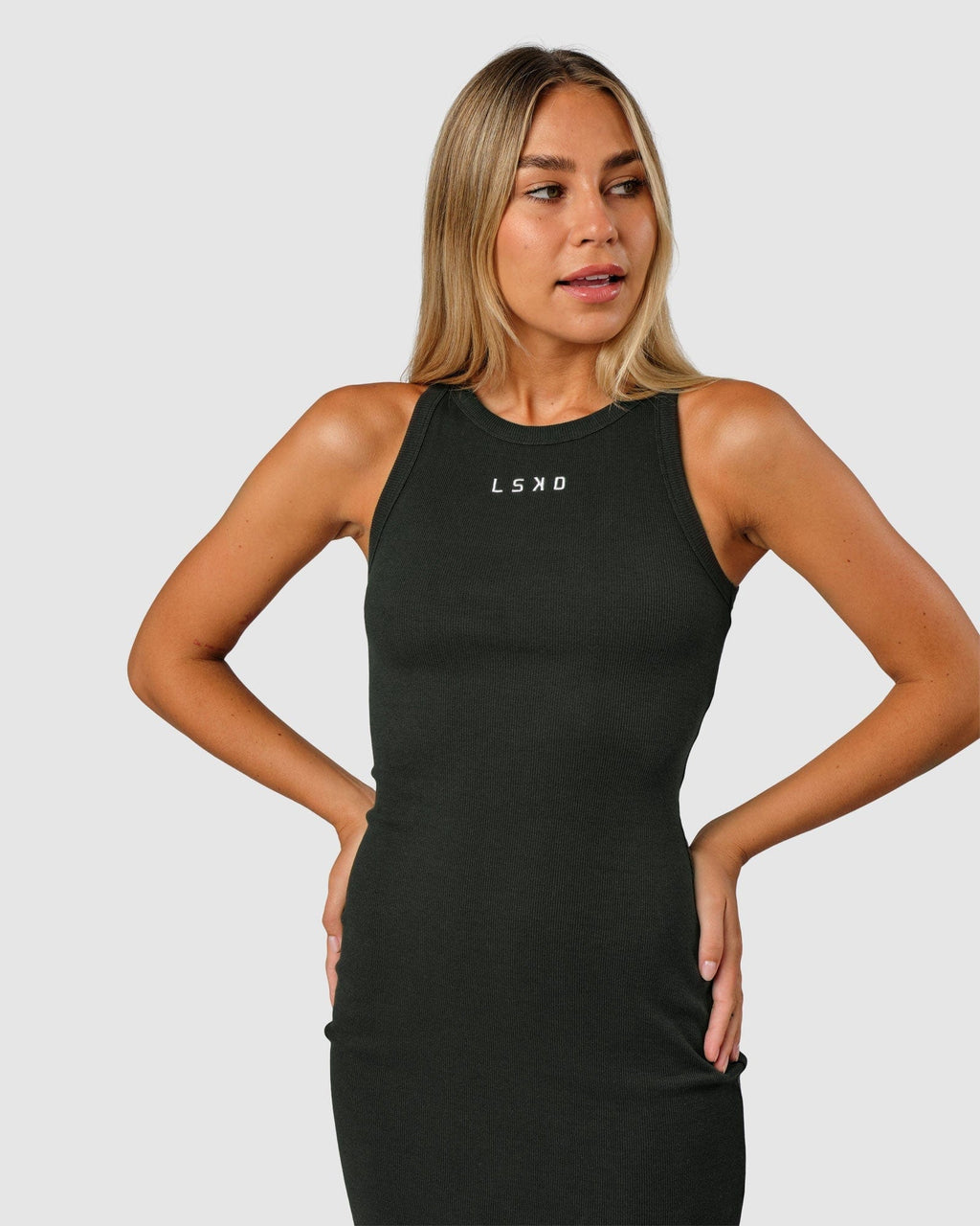 Model wearing Field Ribbed Tank Dress - Pirate Black