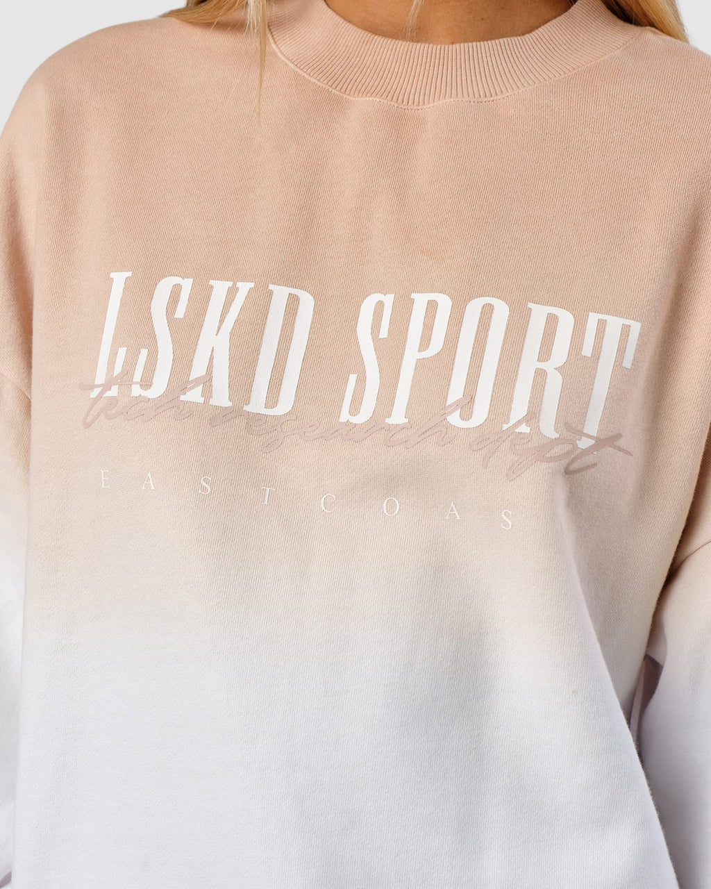 Model wearing Unisex Gradient Sweater - Nude-White