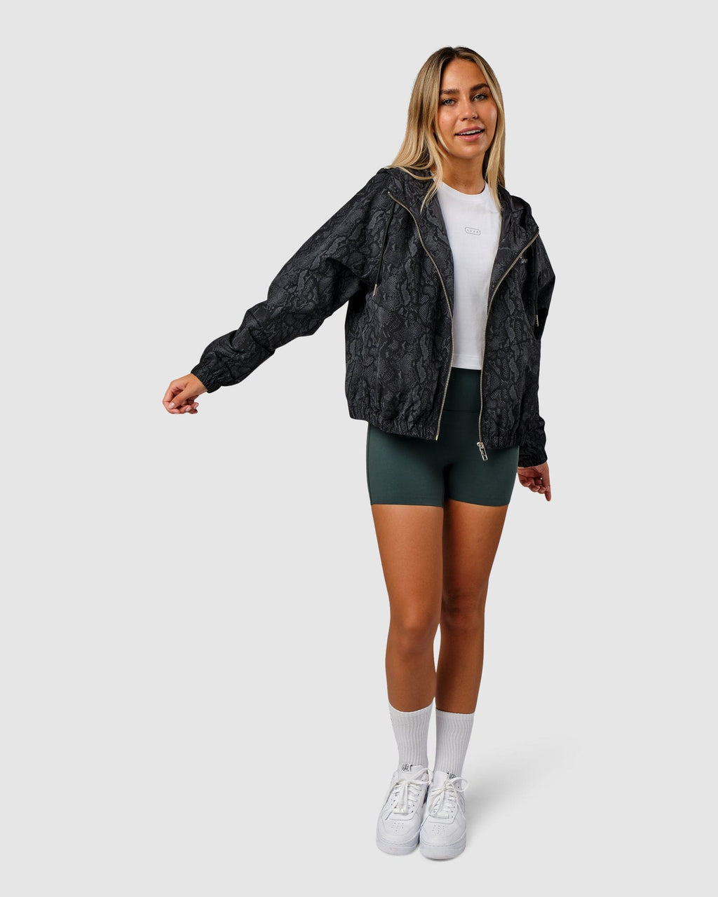 Model wearing Mayweather Spray Jacket - Forest Snakeskin